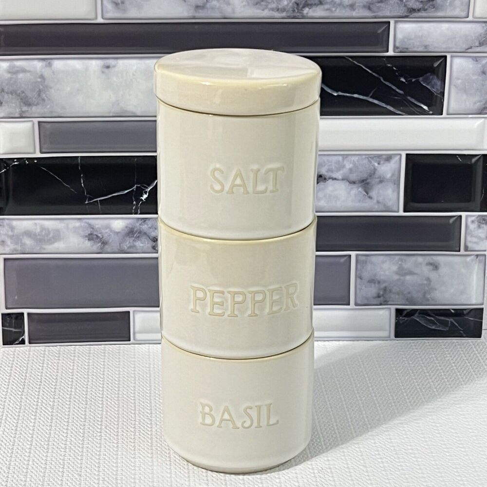 Stacked Ceramic Salt Pepper Basil Wells Cellars Container Holder White Nesting